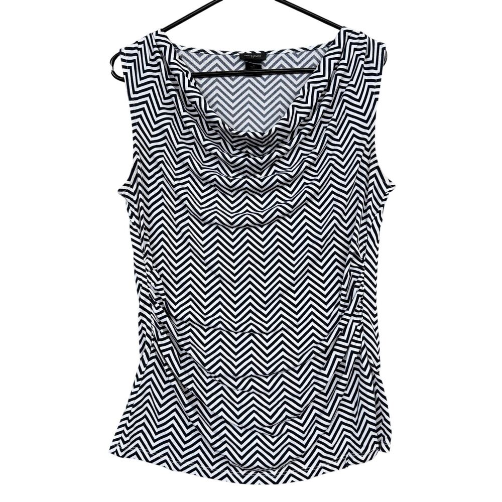 Ann Taylor Womens Blouse Black White ZigZag Cowl Neck Sleeveless Stretch Small